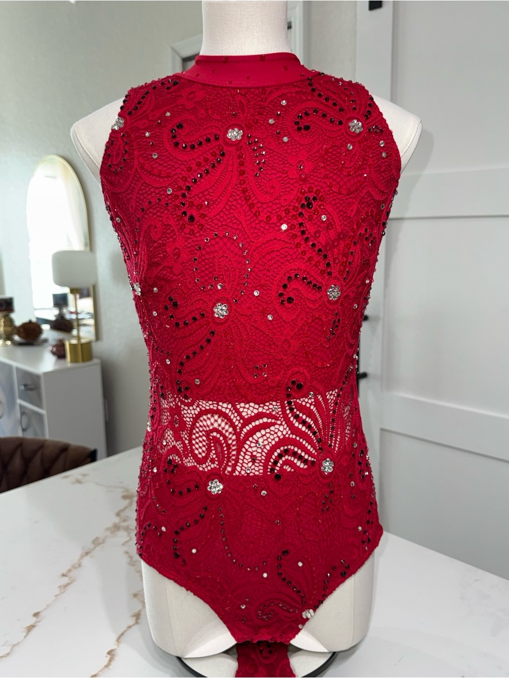 Kandi Kouture AM Red Rhinestone Dance Costume leotard with Lace